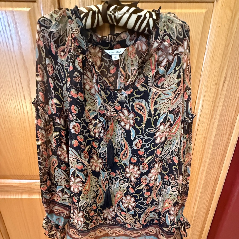 100% silk Sundance Black and Orange Floral Blouse with soft black under shell